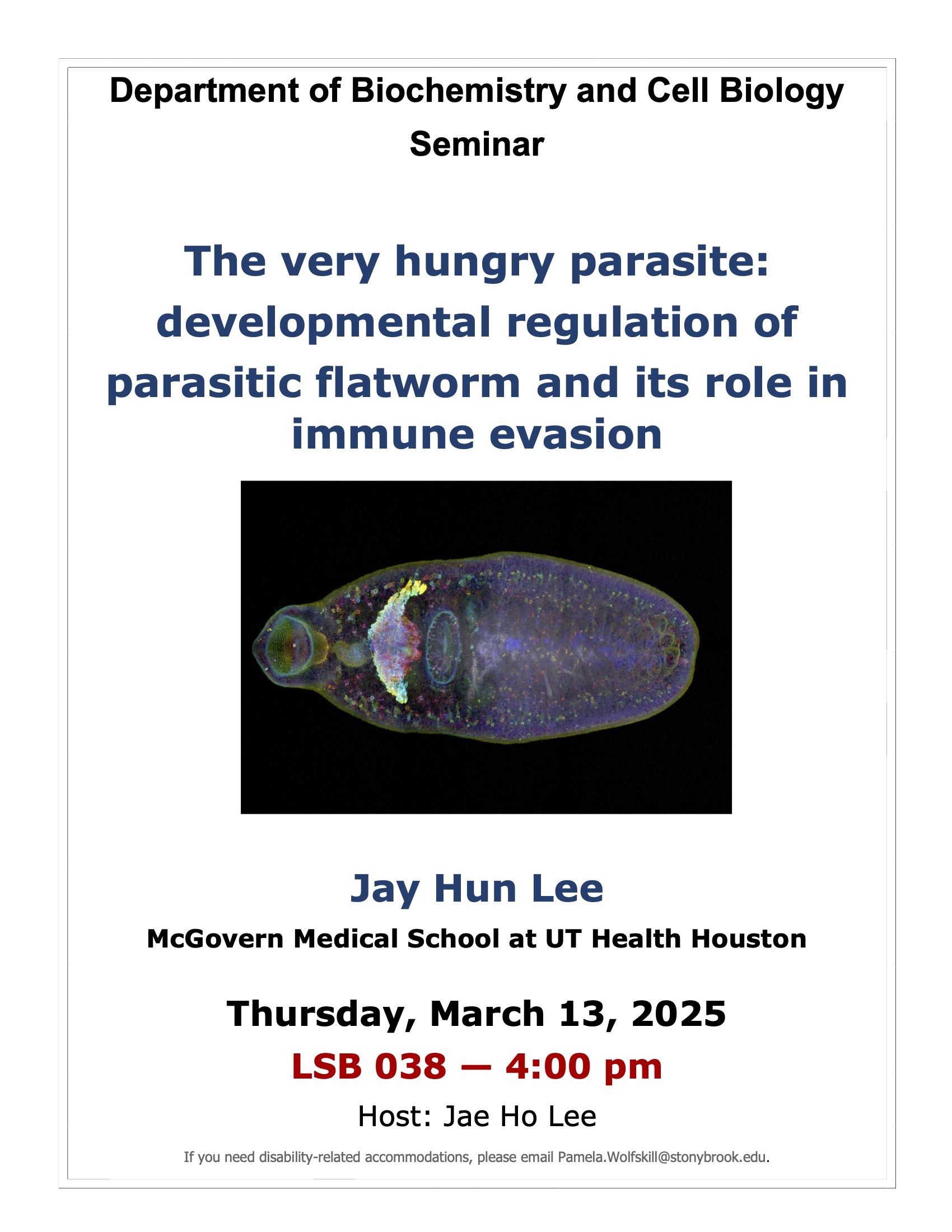 Poster advertising Jay Hun Lee seminar "The very hungry parasite: developmental regulation of parasitic flatworm and its role in immune evasion."