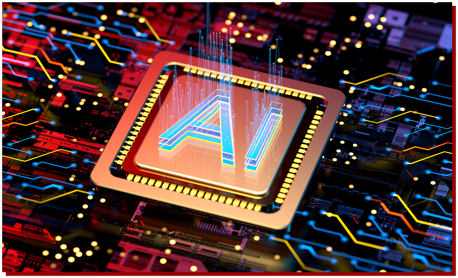 Close up of a glowing microchip with the letters AI rising from its center set on a colorful circuit board with bright traces and lights