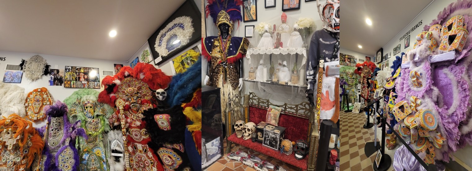 African Indigenous Panoramic view of a festive store filled with vibrant Day of the Dead decorations, including colorful skulls, traditional costumes, and elaborate masks.