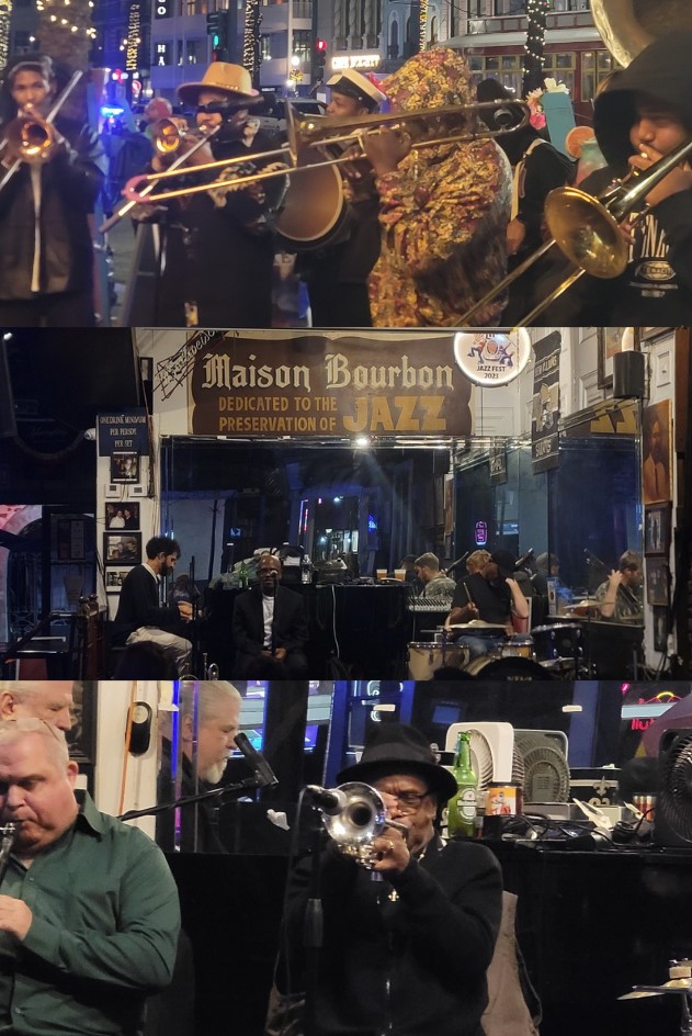 New Orleans Jazz A collage of images featuring live jazz performances at Maison Bourbon in New Orleans. The top image shows musicians playing brass instruments, the middle image is the exterior view of Maison Bourbon at night, and the bottom image shows a musician playing drums and another playing a trumpet indoors.