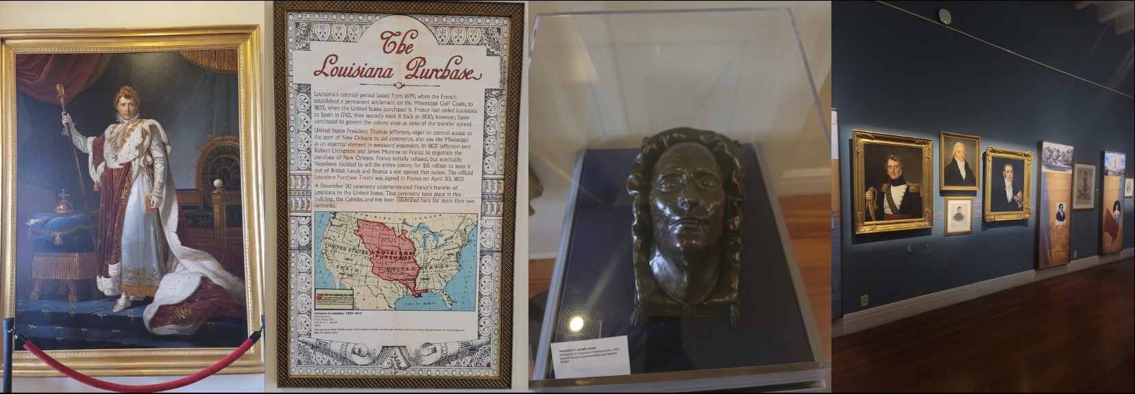 New Orleans Museum Three-part image showcasing exhibits inside the Louisiana State Museum. The left section features a historical painting and associated artifacts, the center section displays a detailed old map of the 'Louisiana Gambler', and the right section shows a wall of various framed paintings and a displayed bust in a gallery setting.