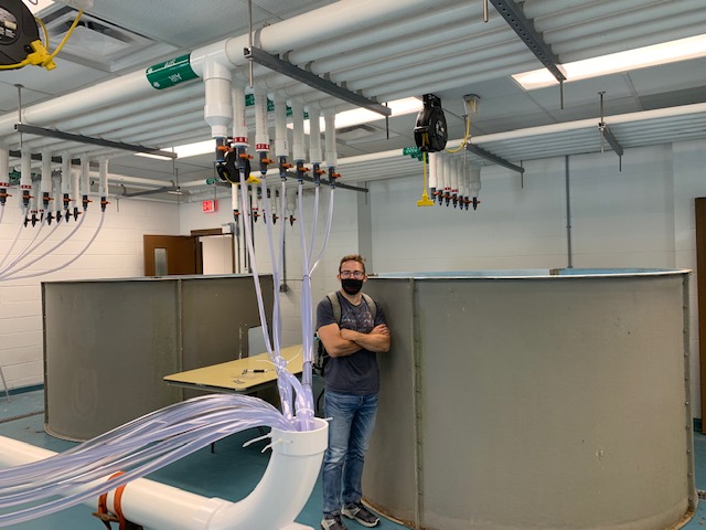 PhD student Nathan Hirtle at Flax Pond Marine Lab