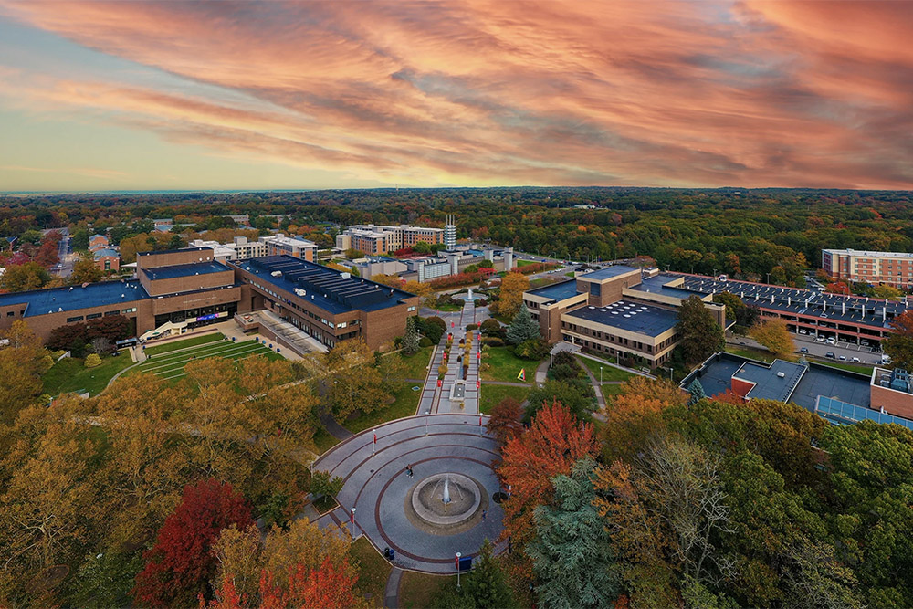 aerial shot of stony brook university's main campus