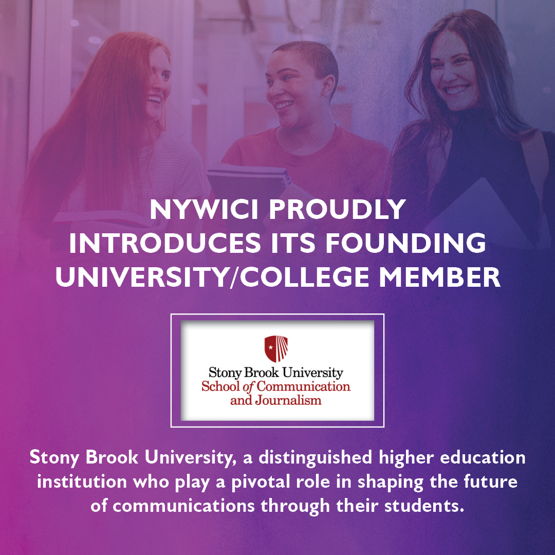 graphic with NYWICI and Stony Brook logos in front of a photo of three smiling women