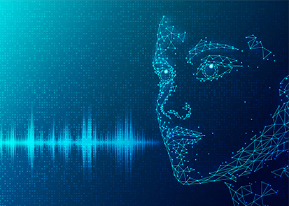 Illustration of a stylized face made up of mathematical shapes with soundwaves coming out of its mouth
