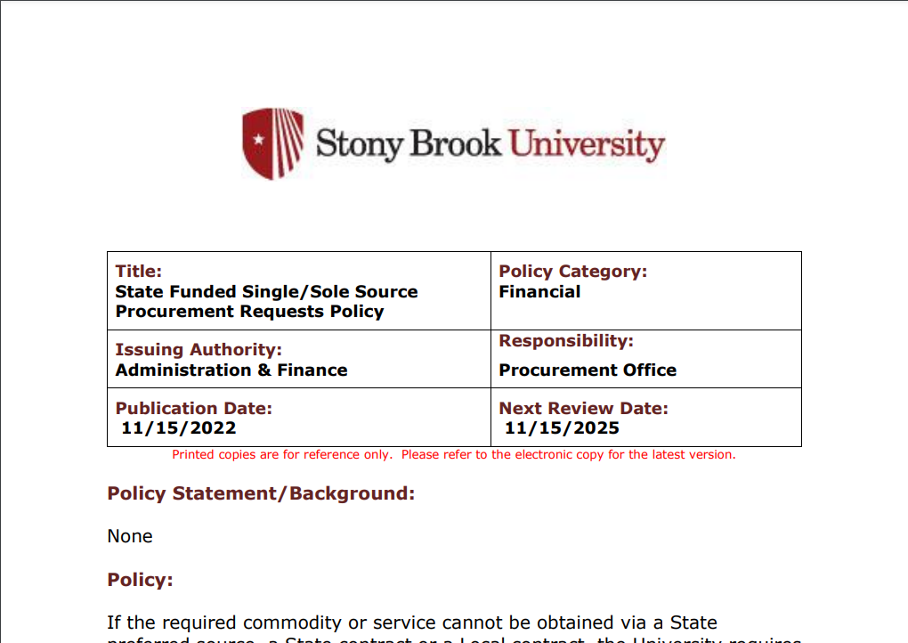 State Funded Single/Sole Source Procurement Requests Policy