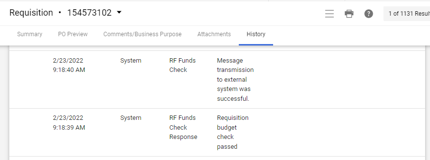 PR history showing, from left to right, Line Number, Date/Time, User, Step(s), Action, Field Name, From, To, and Note