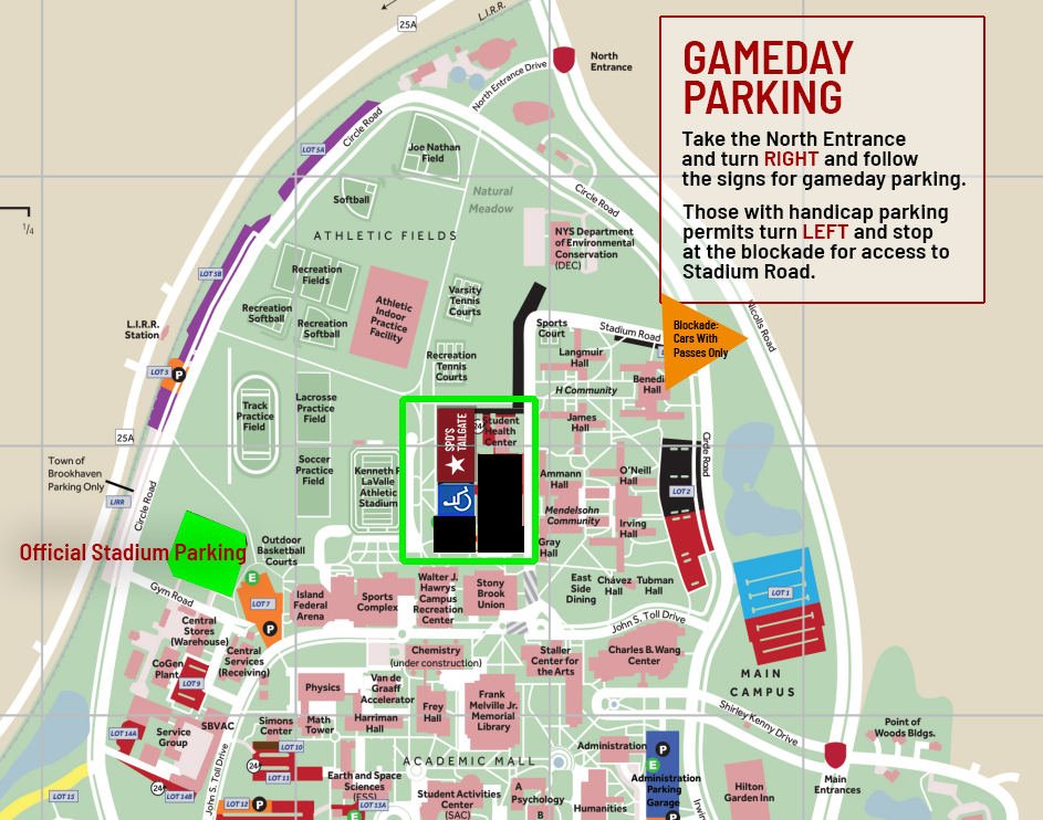 Partial map of the Stony Brook Campus providing parking directions.