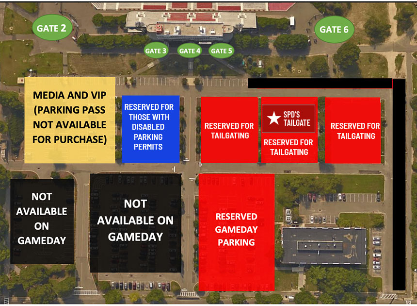 Overhead map of LaValle Stadium parking showing where we hope to set up our Tailgate.