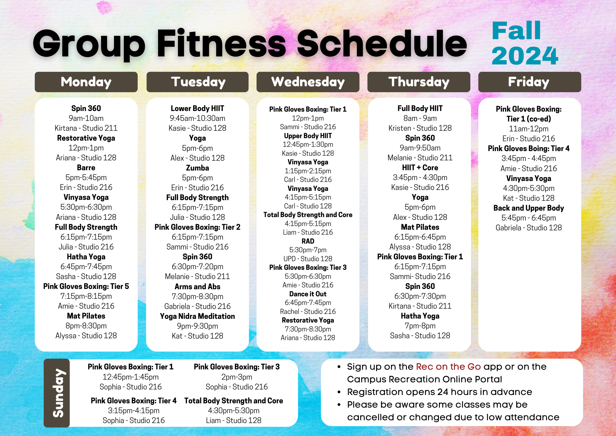 Fall 24 group fitness schedule